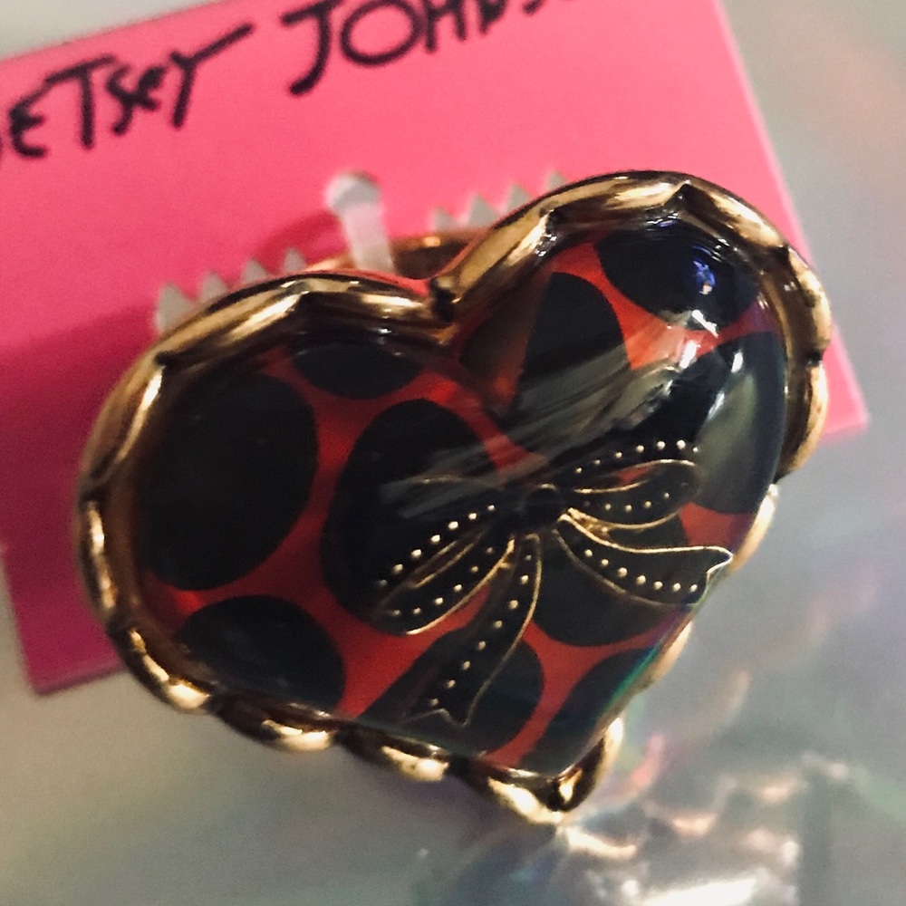 Betsey Johnson black red polka dot bow ring vTg